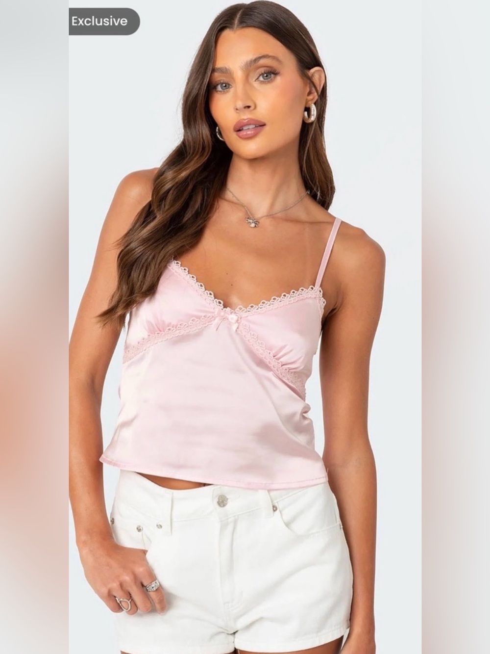 Edikted: Lace-Trim Light Pink Satin Cami Top: Medium